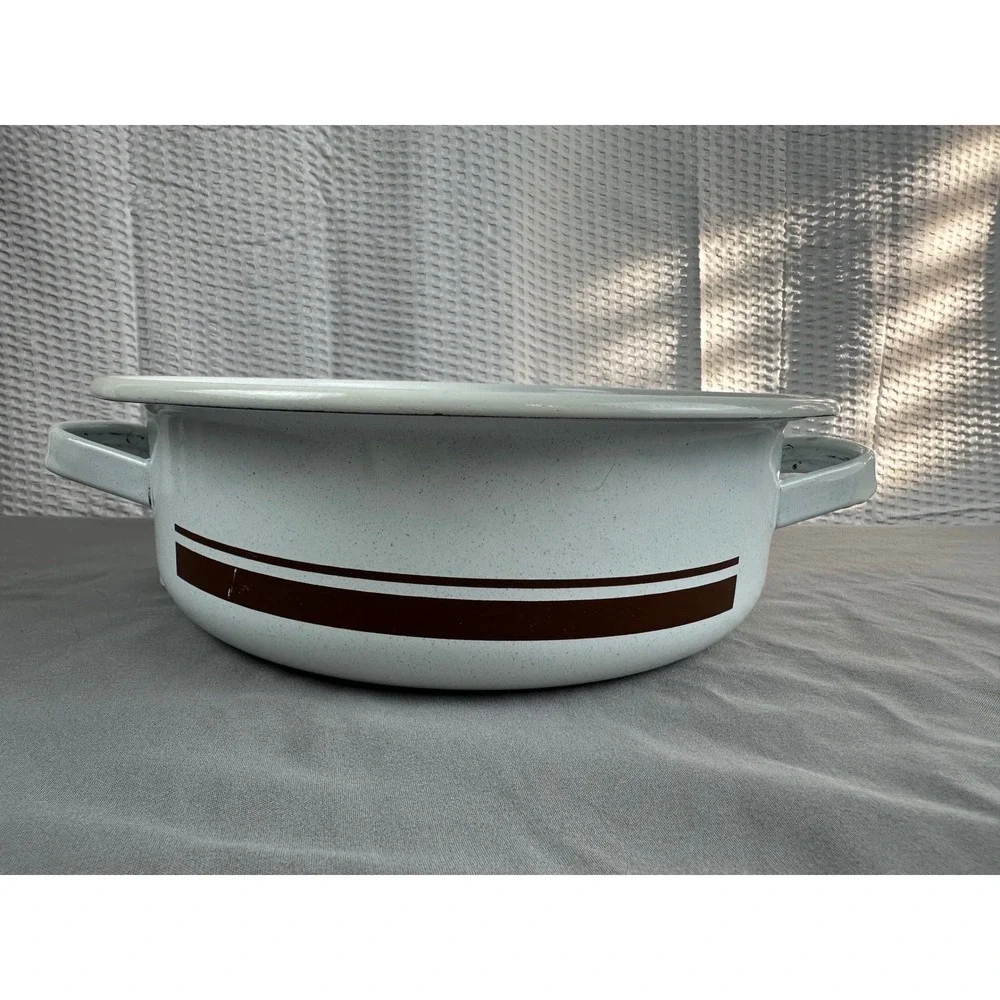 Vintage Enamel Casserole Pot Brown Stripe w/‎ Handles Mid Century Style NO lid